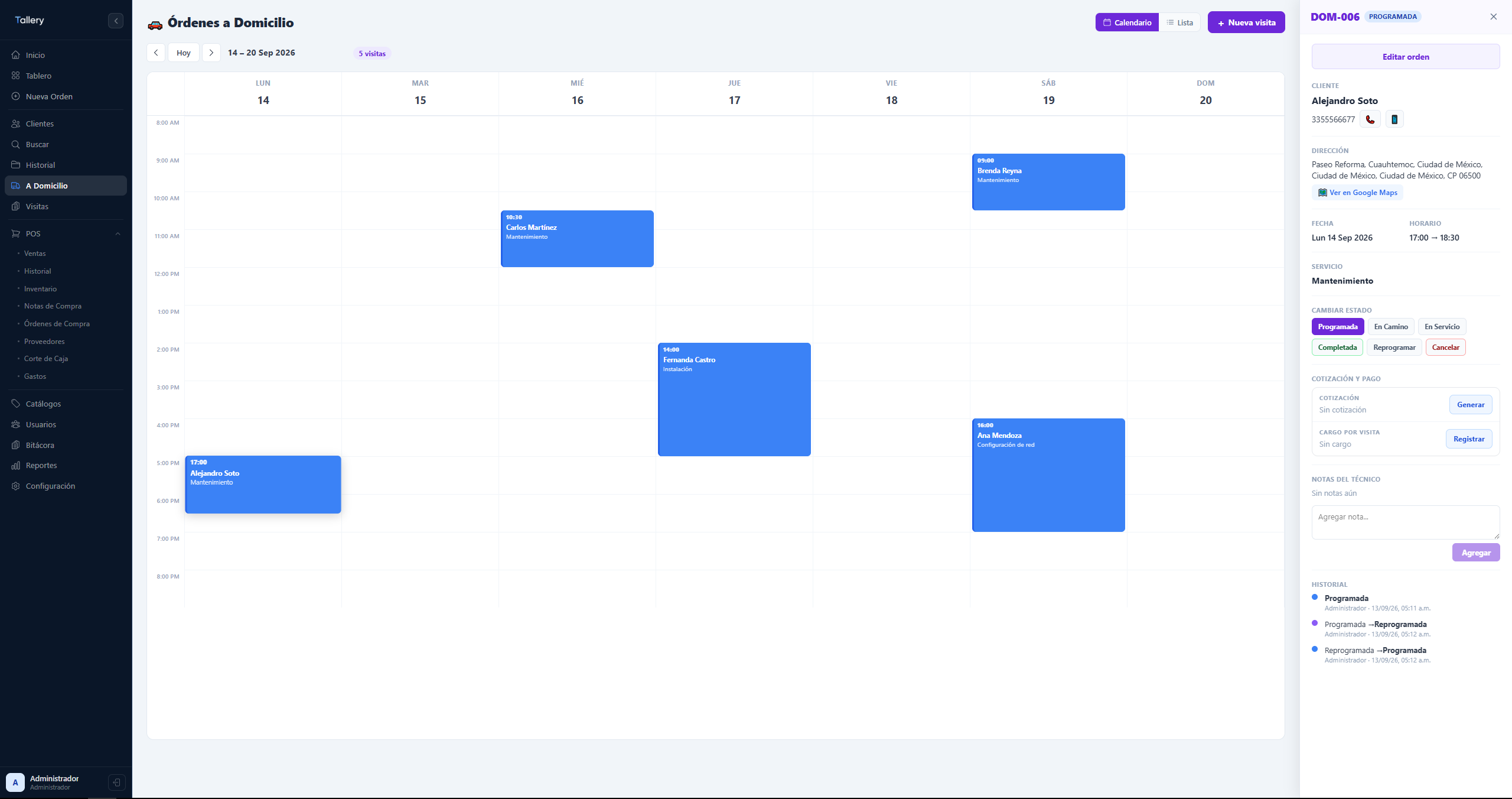 Calendario de visitas a domicilio en Tallery