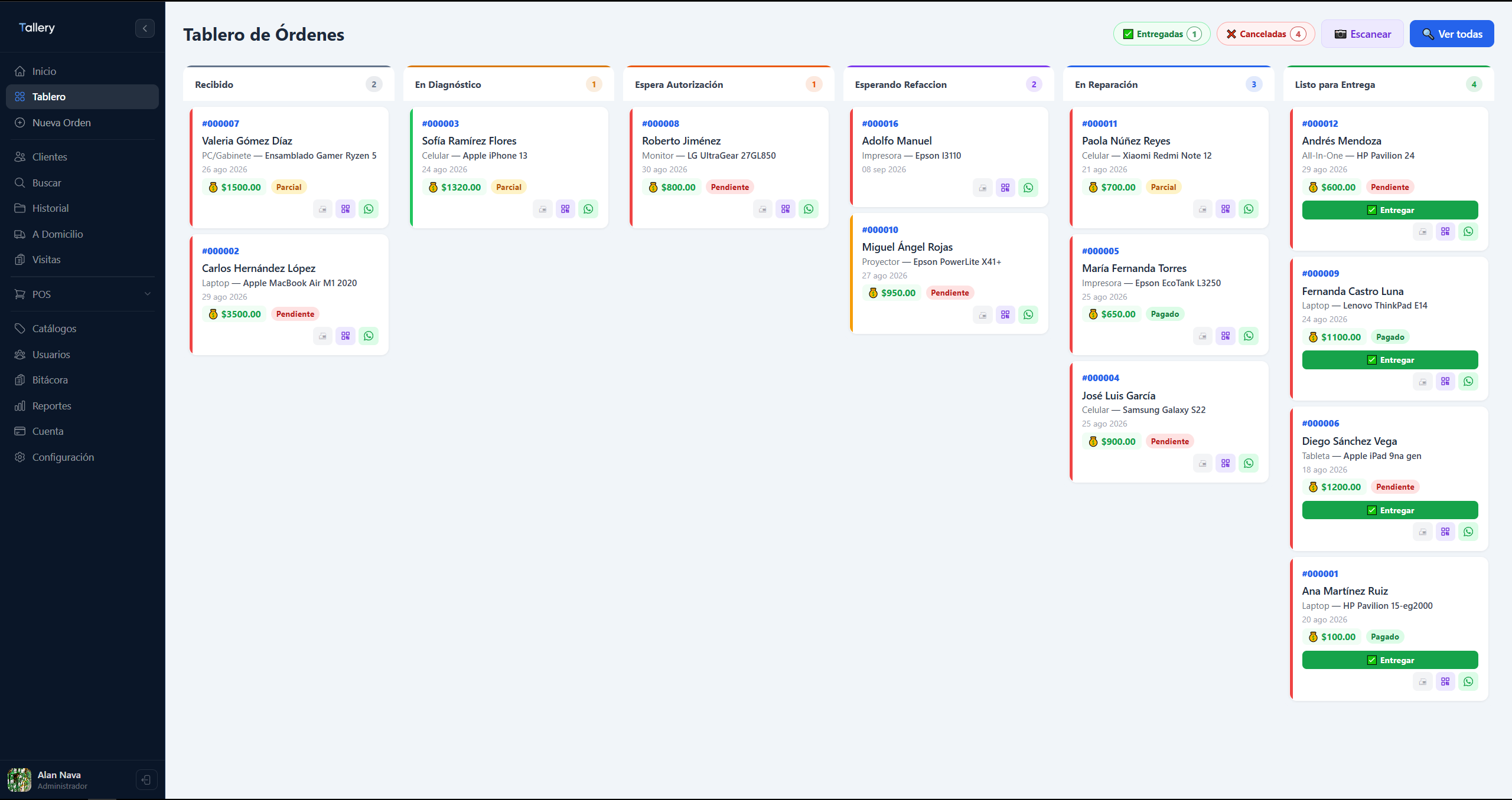 Tablero Kanban de órdenes